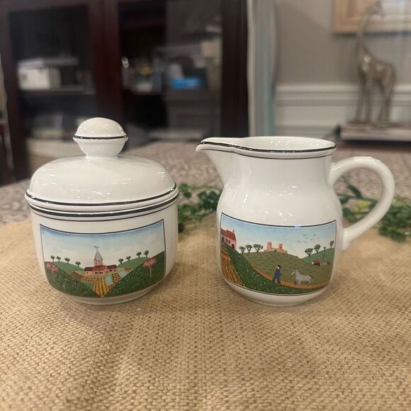Villeroy & Boch Design Naif Porcelain Sugar Bowl & Creamer Set w/Lid 3-Piece set - Picture 1 of 7